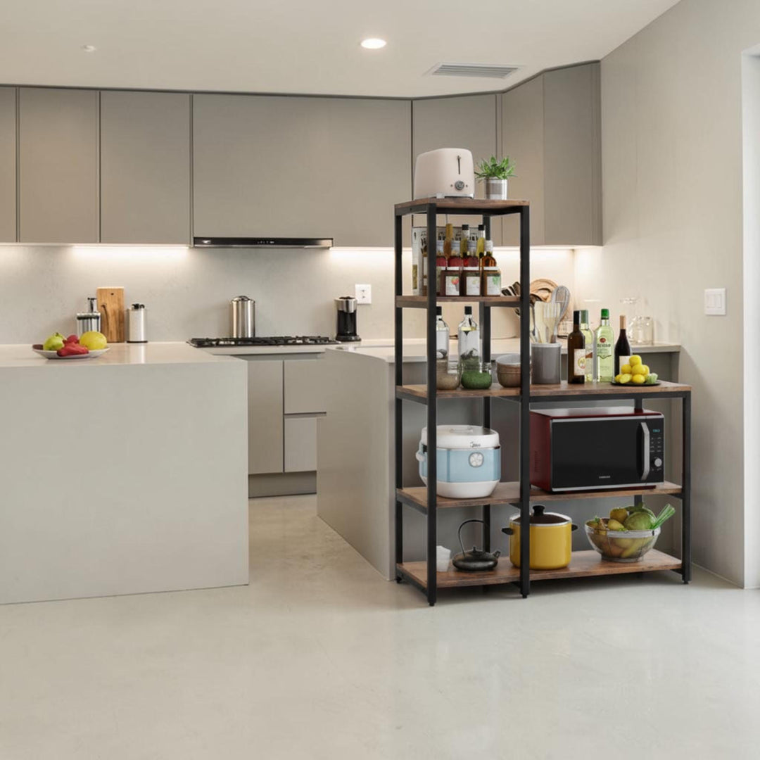 Rustic wood and black metal microwave rack shown in a kitchen