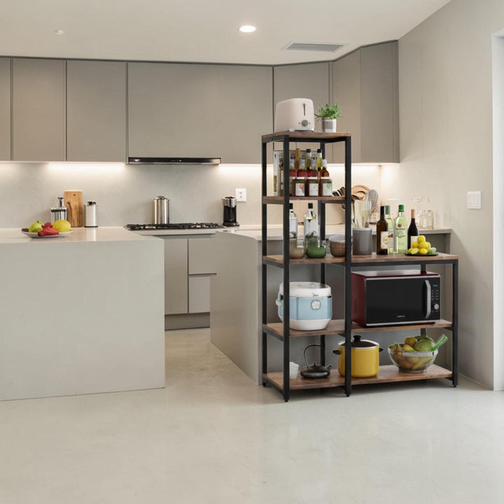 Rustic wood and black metal microwave rack shown in a kitchen