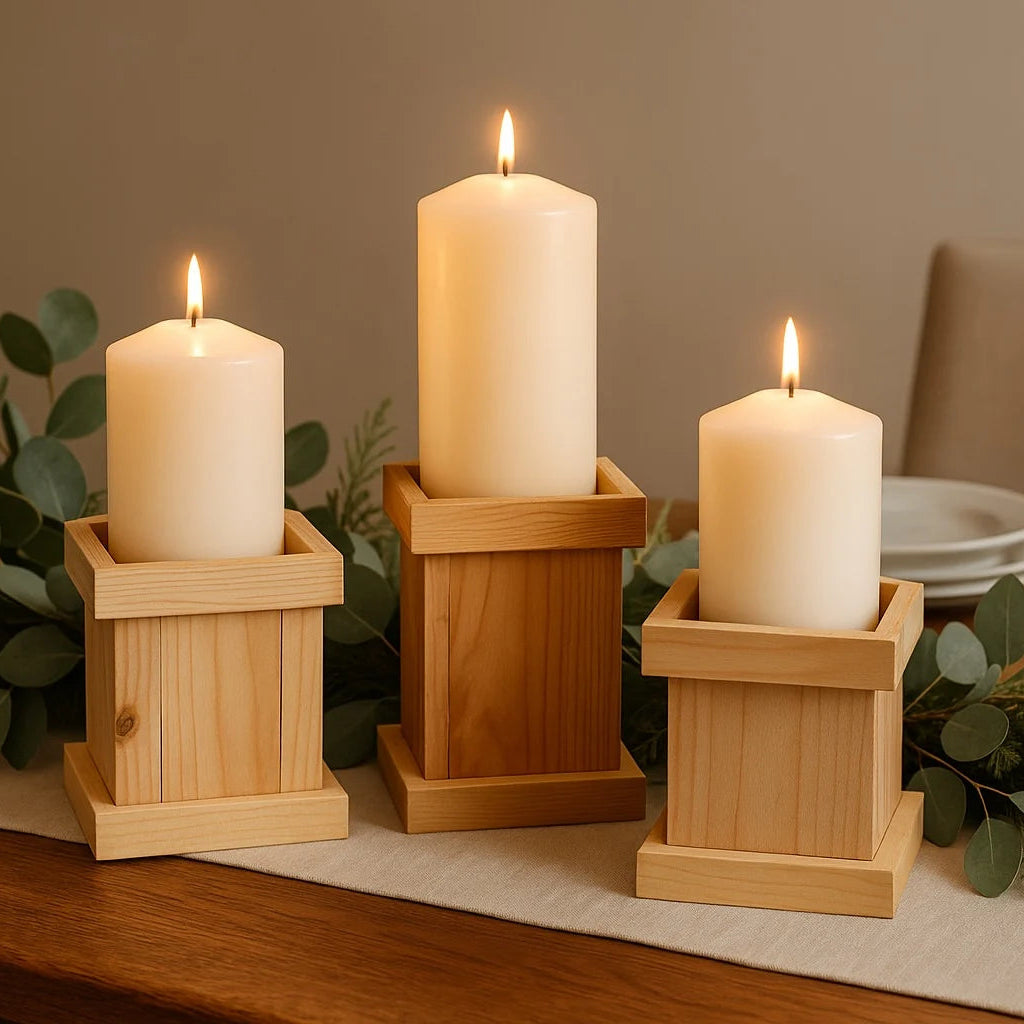 Cutico Living Lounge Table Wooden Candle Holder Stand (Set of 3)