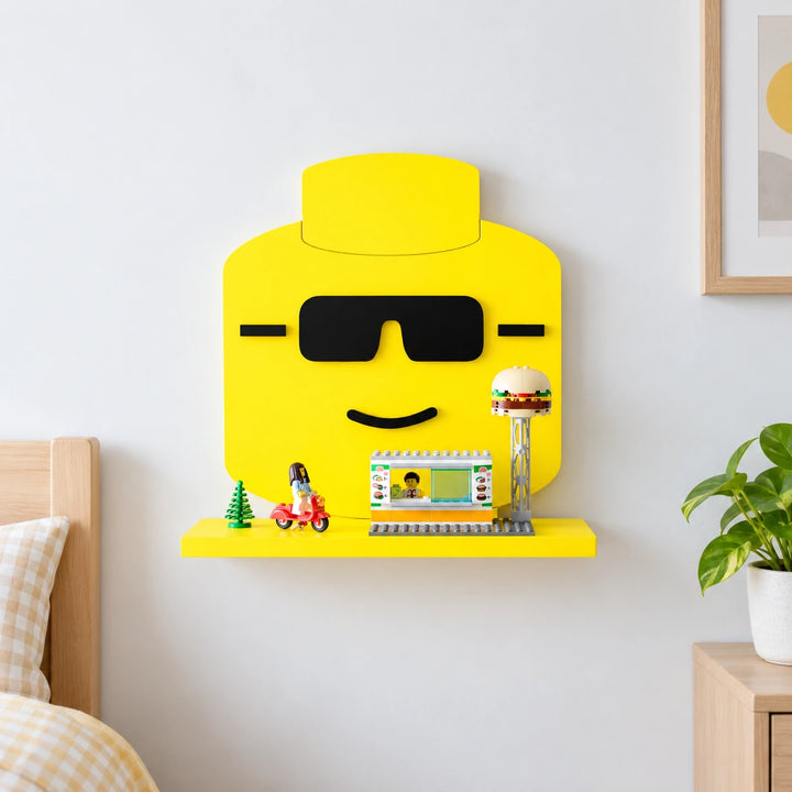 Yellow Savvy sunglasses-face wall shelf with existing toy display in a bedroom setting