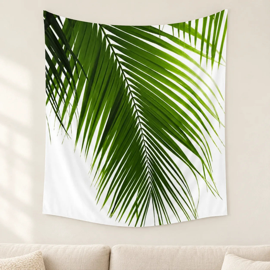 Seloria Style 1 white palm-leaf tapestry displayed on a softly lit living-room wall