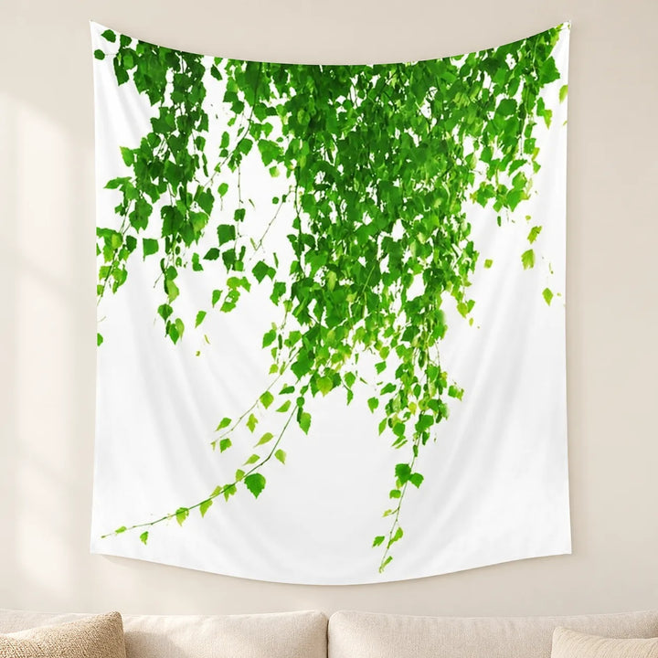 Seloria Style 2 white trailing-ivy tapestry displayed on a softly lit living-room wall
