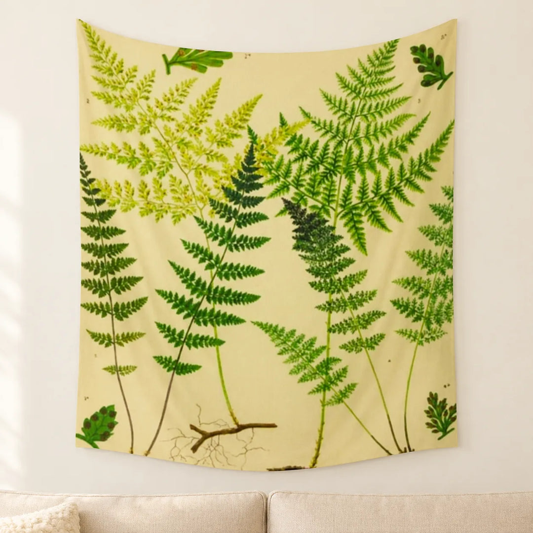 Seloria Style 3 cream fern-print tapestry displayed on a softly lit living-room wall