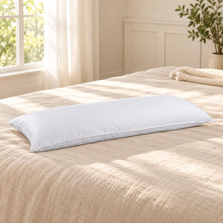 Single long white body pillow with piped seam on beige bedding in a calm natural-light bedroom