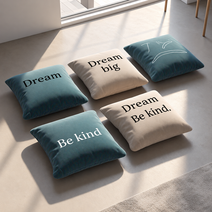 Five teal and beige word print cushion covers with dream and be kind text on floor
