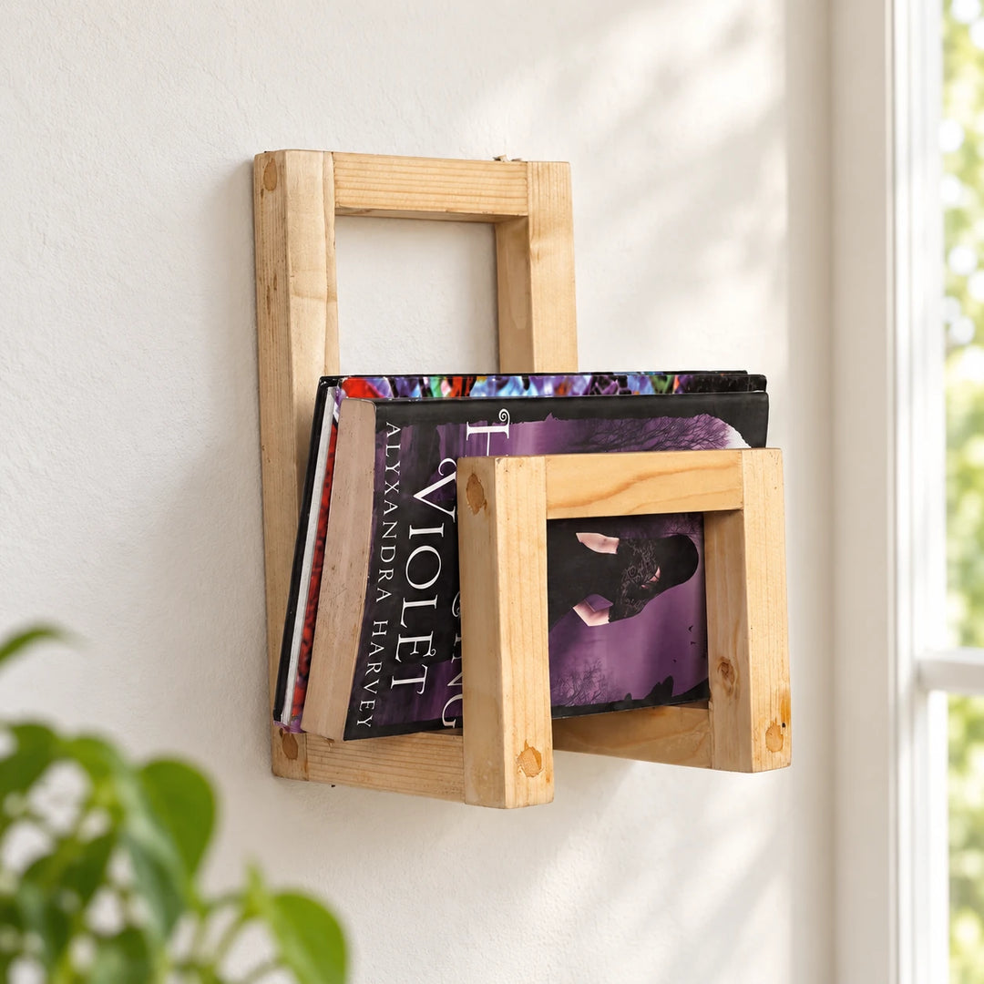 Pale wooden wall book rack in natural daylight