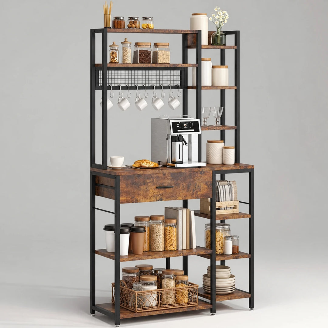 Shaka rustic brown and black kitchen bakers rack with pantry and coffee accessories, front view