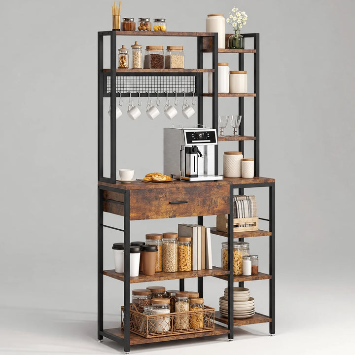 Shaka rustic brown and black kitchen bakers rack with pantry and coffee accessories, front view