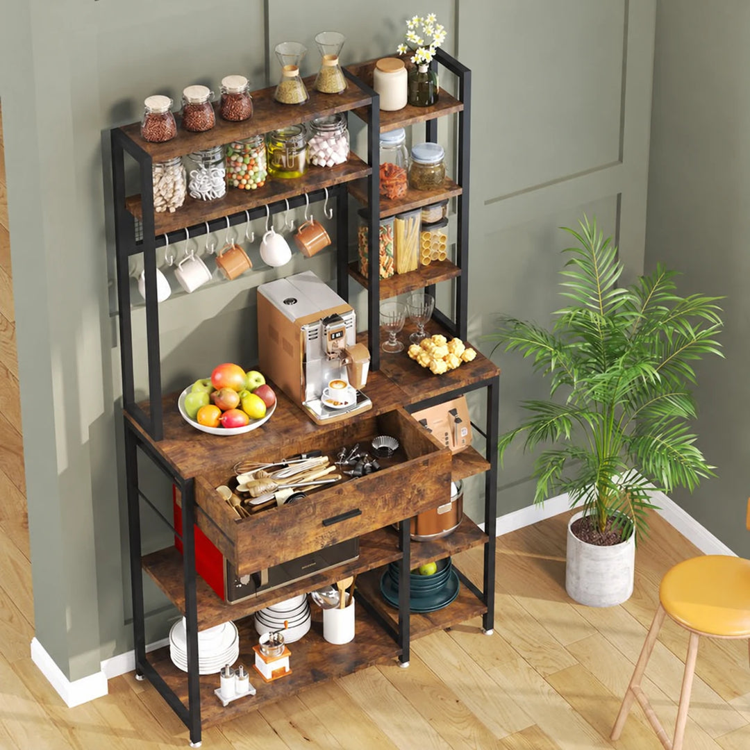 Shaka rustic brown and black kitchen bakers rack with pantry and coffee accessories, open drawer and angled view