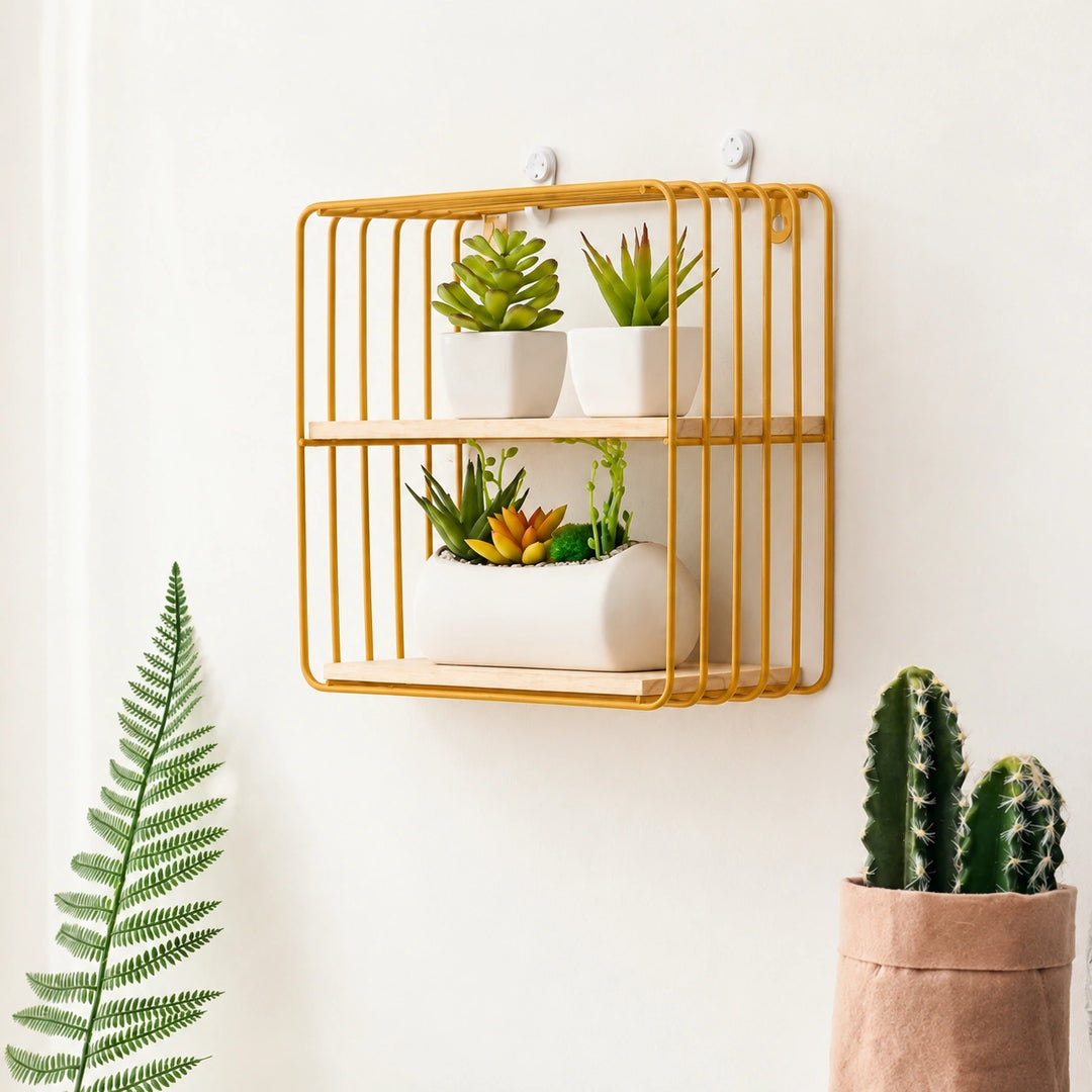 Golden powder-coated wire wall shelf with two natural wood tiers and green plants