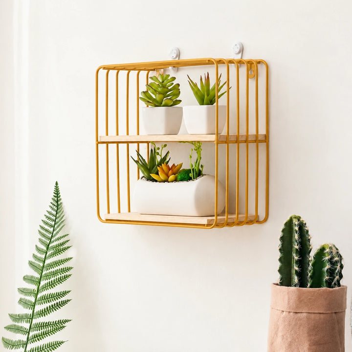 Golden powder-coated wire wall shelf with two natural wood tiers and green plants