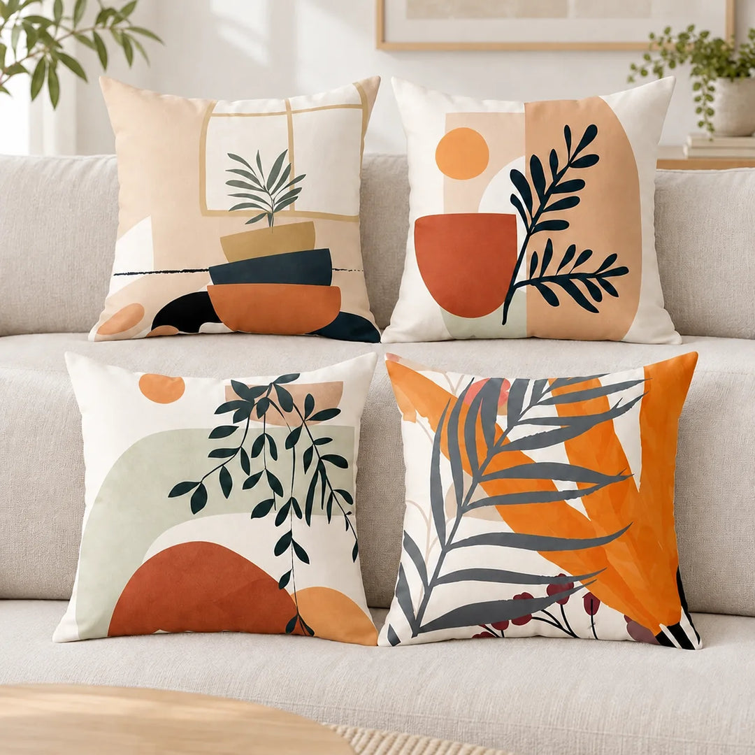 Four Signature Soft cushion covers with their original botanical and abstract prints arranged on a sofa