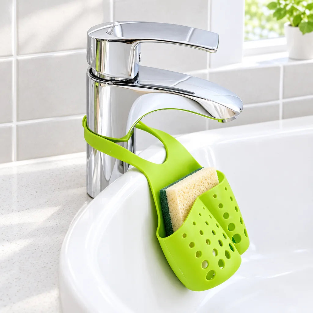 Green silicone sink organizer holding a sponge, hanging from a kitchen tap