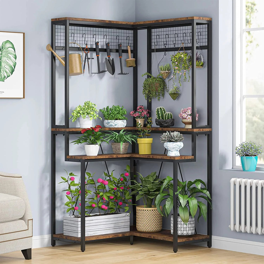 Sillison Tall Flower Shelf with 15 Hanging Hooks Planter Rack | Furniture | Waseeh Pakistan