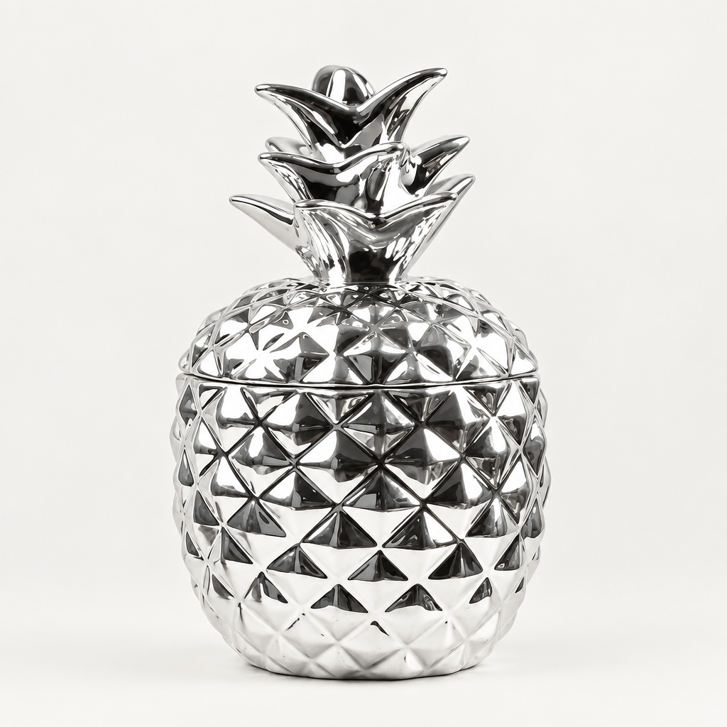 Shiny silver ceramic pineapple jar with leaf lid on white background
