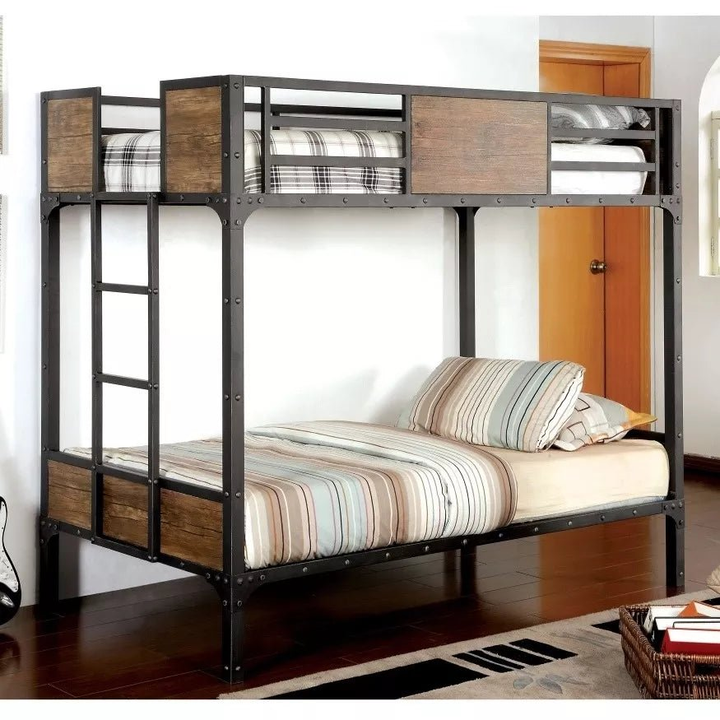 Iron and wood bunk bed with ladder and brown headboard panels in bedroom