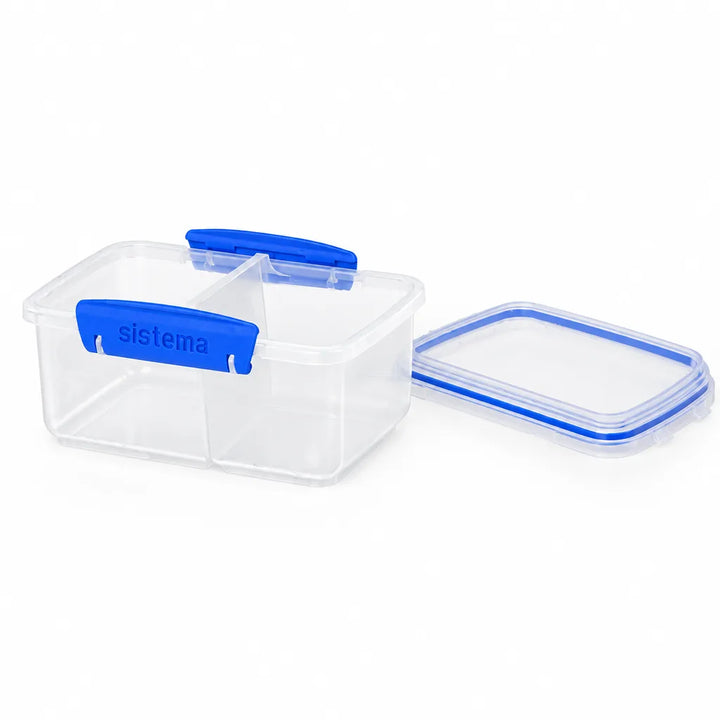 Small clear divided food container with blue clips and its lid beside it