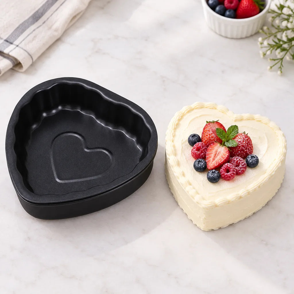 Heart-shaped baking pan beside a decorated heart-shaped cake