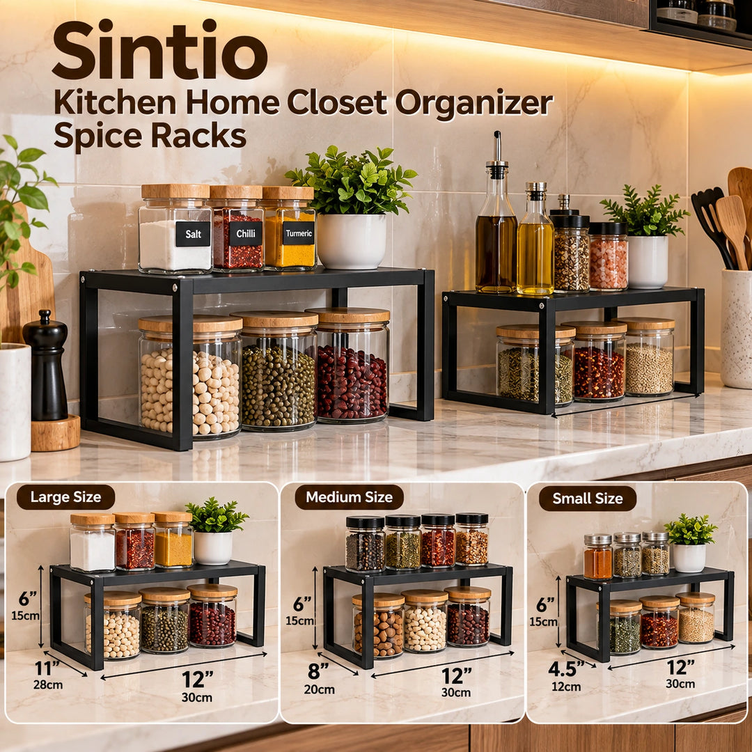 Sintio spice-rack collage with kitchen staging and large, medium and small size panels