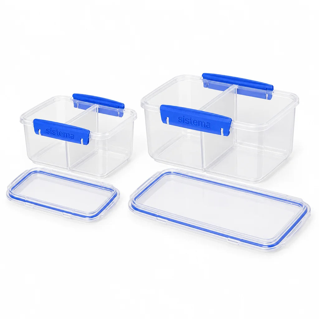 Two clear divided food containers with blue clips and detached lids