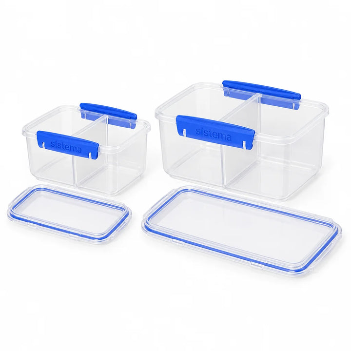 Two clear divided food containers with blue clips and detached lids