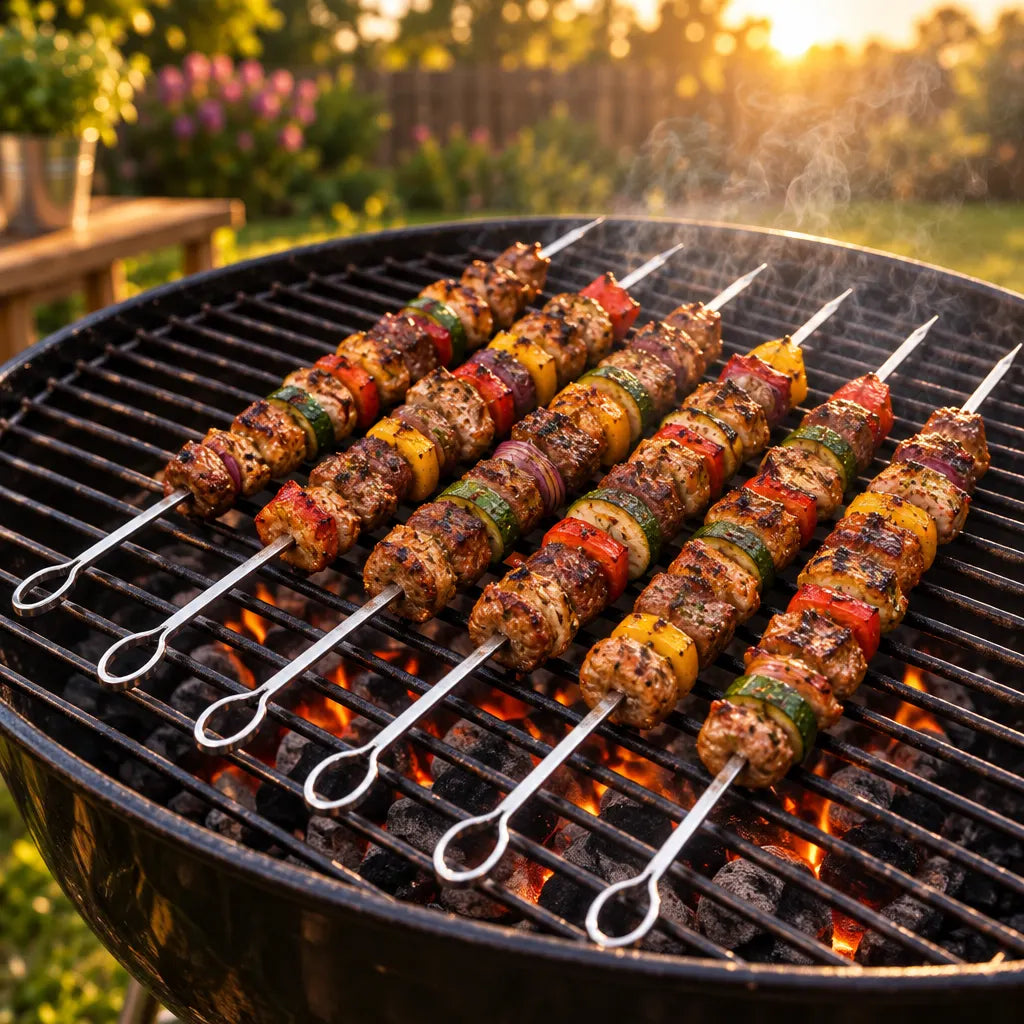 Loop-handled metal barbecue skewers with food on an outdoor grill