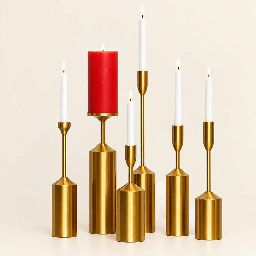 Set of six gold candle holders in varied heights with candles on cream background