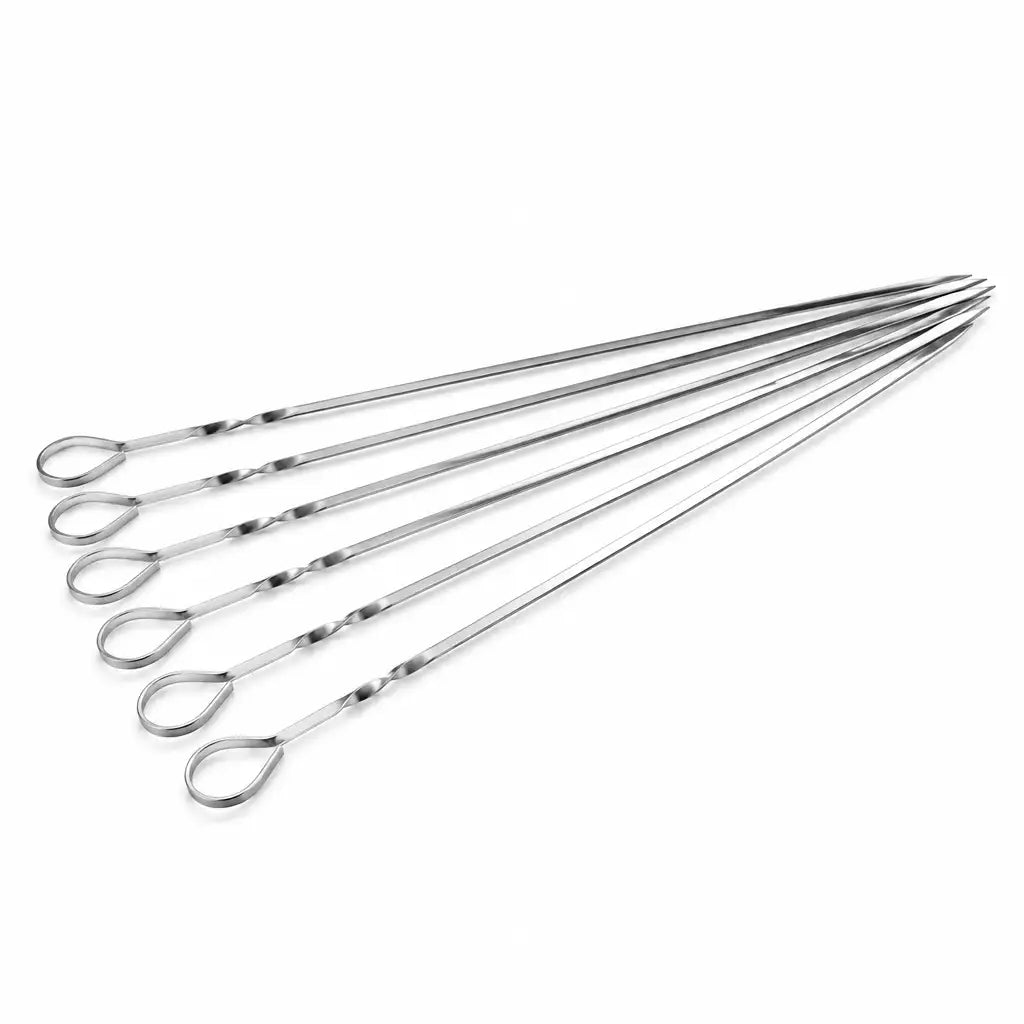 Six loop-handled metal barbecue skewers arranged on white