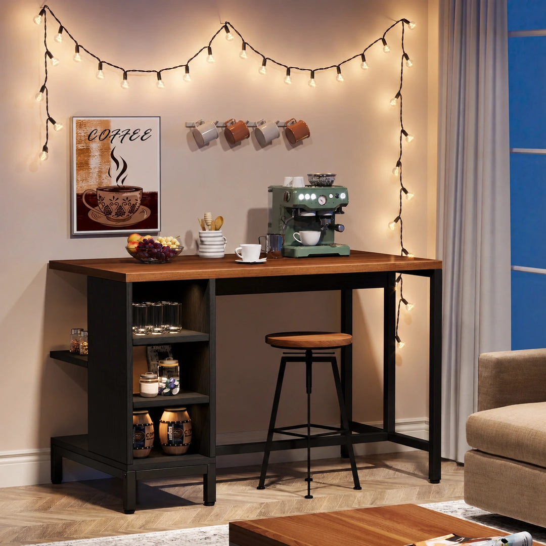 Sizzle Den black kitchen island with walnut wood-look top, storage shelves and coffee setup