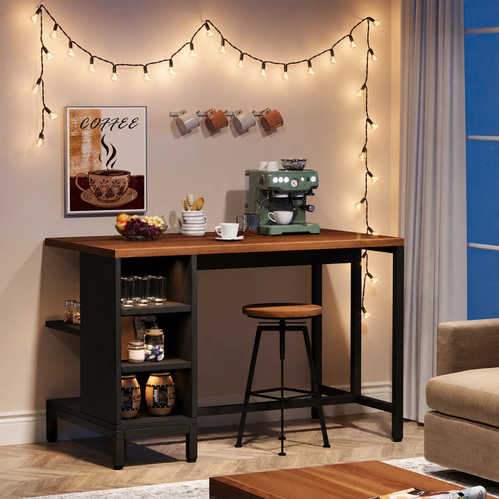 Sizzle Den black kitchen island with walnut wood-look top, storage shelves and coffee setup