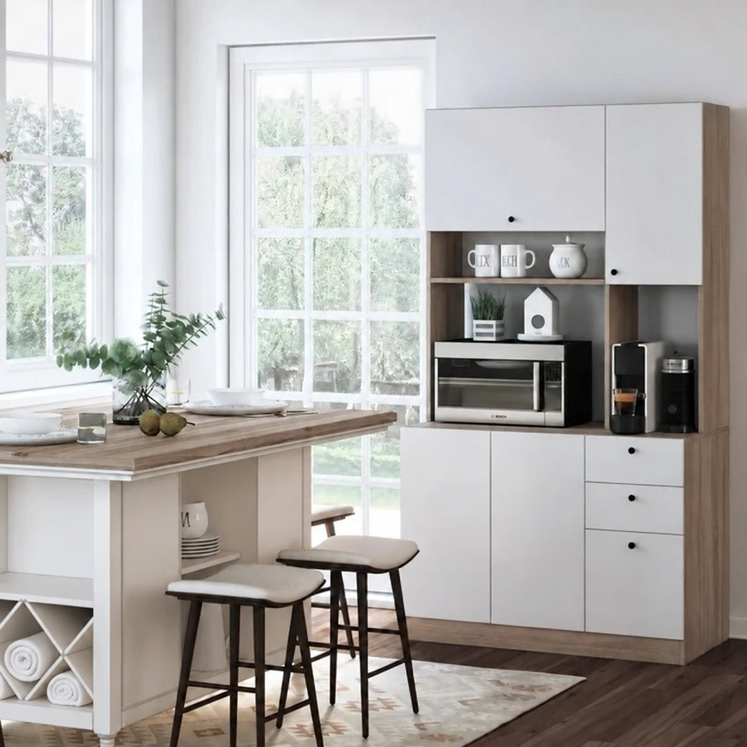 White and oak Skog kitchen storage cabinet with microwave and coffee maker against a kitchen wall
