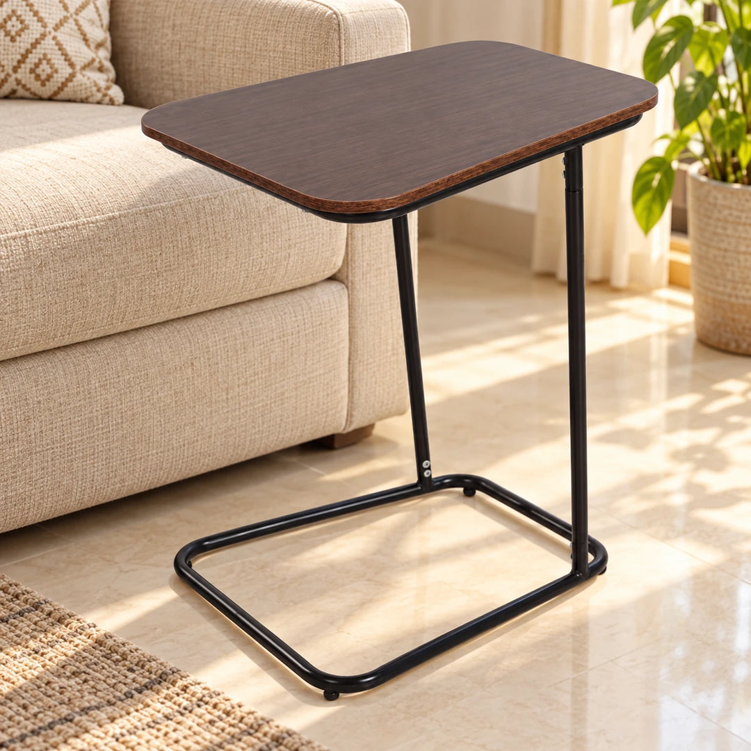 Sleek Line Dark Brown tapered wood-top side table with black tubular C-frame beside a sofa