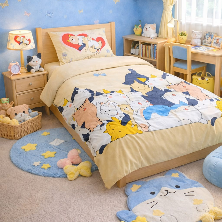 Pastel blue and yellow kids single bed sheet with sleeping anime-style kittens