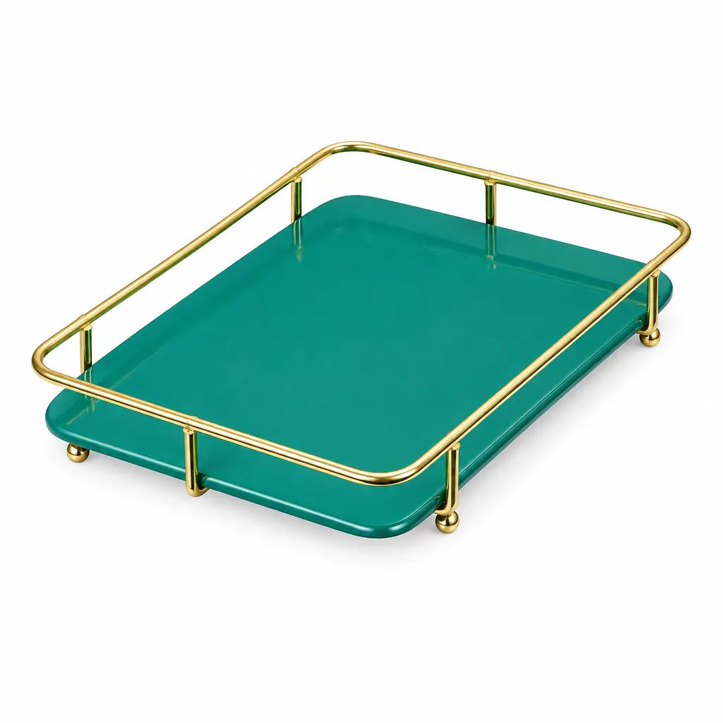 Small teal rectangular serving tray with a gold rail, angled view