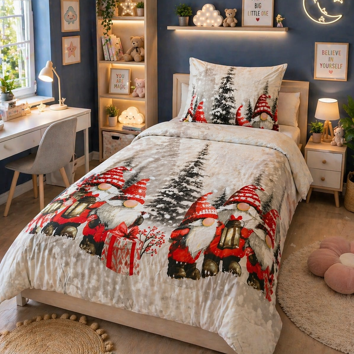 Soft beige kids single bed sheet with lantern-carrying gnomes and snowy pines