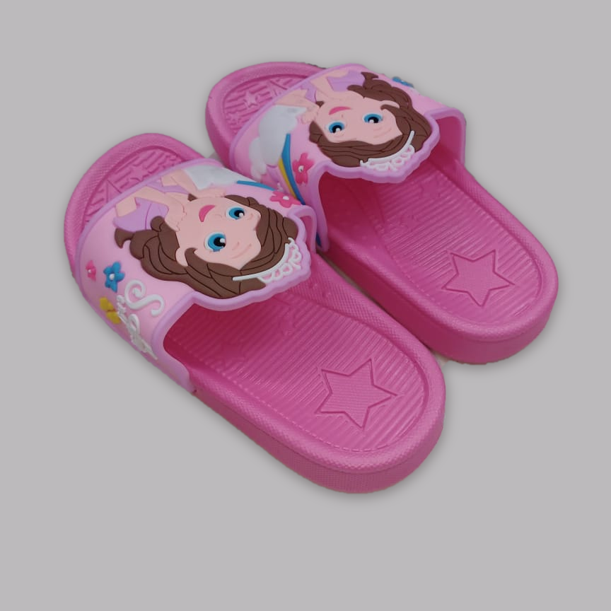 Pair of pink Mini Sofia kids slippers with original princess artwork and star footbeds on a clean grey background