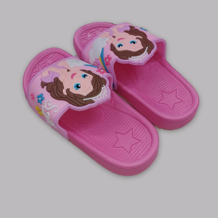 Pair of pink Mini Sofia kids slippers with original princess artwork and star footbeds on a clean grey background