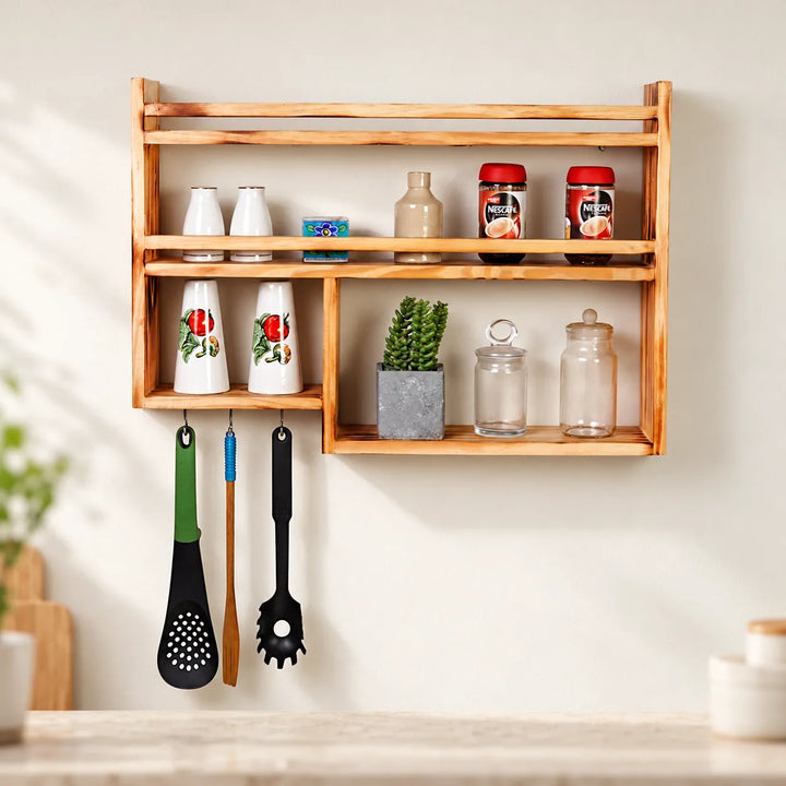 Solid wood kitchen wall rack with original shelves and three hanging utensils; accessories shown for styling