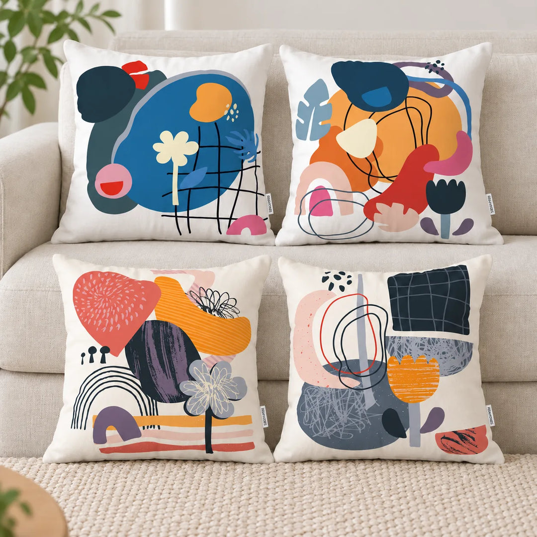 Four solira cushion covers with their distinct original printed designs styled in a living room