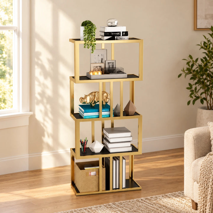 Gold and black offset bookcase with books and decor in a naturally lit living room