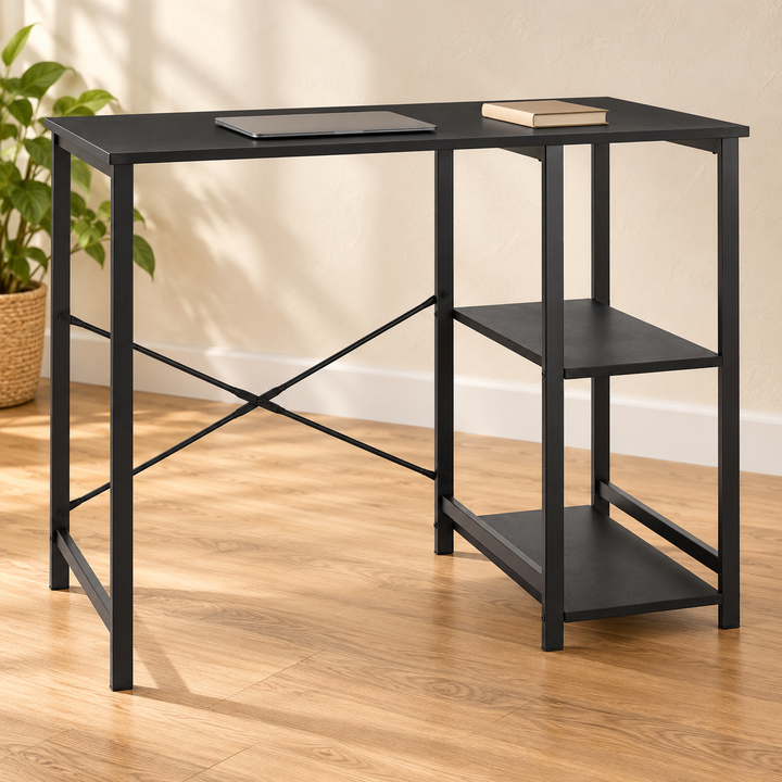 Spacio black desk with right-side storage shelves and rear X brace in a sunlit home office
