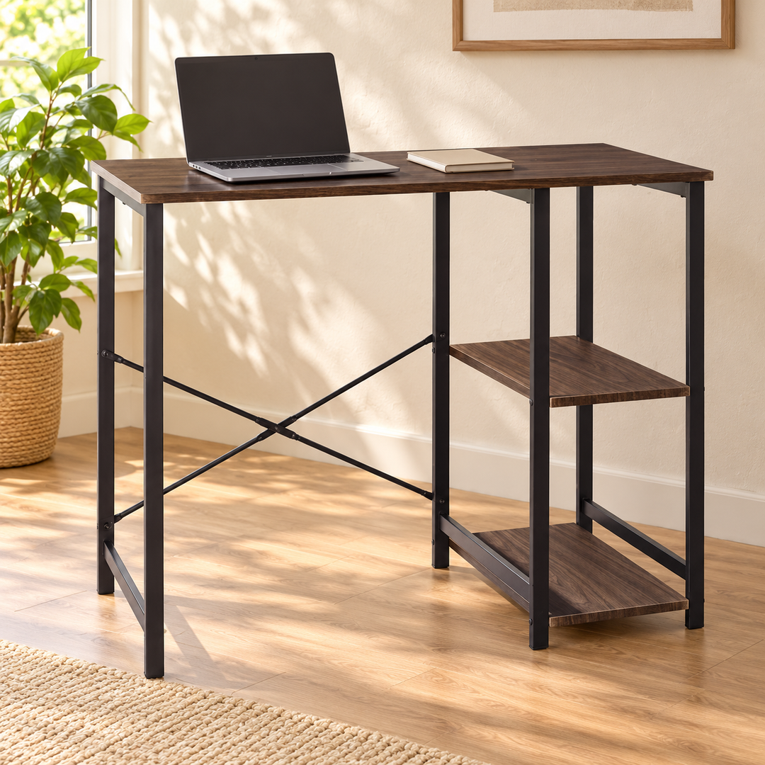Spacio brown desk with two right shelves and rear knee-space X brace in a sunlit home office