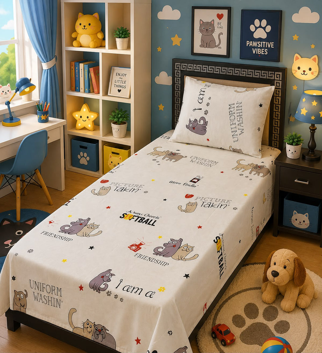 Cream kids single bed sheet with cartoon doodle cats and sporty lettering