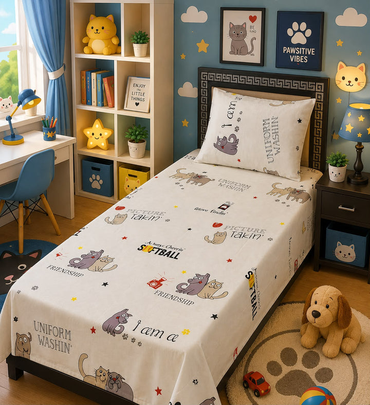 Cream kids single bed sheet with cartoon doodle cats and sporty lettering