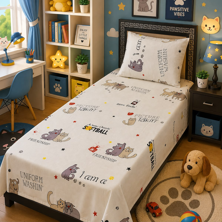 Cream kids single bed sheet with cartoon doodle cats and sporty lettering