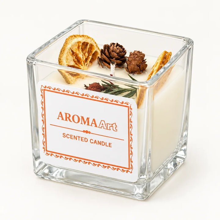 Square glass aroma therapy candle with dried fruit and cinnamon decoration, front view