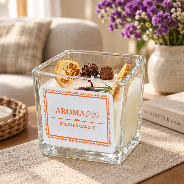 Square glass scented candle topped with dried orange and pine cones on wooden table