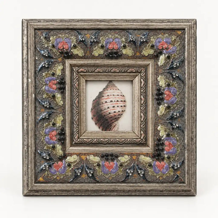 Square antique photo frame with pink floral border, front view on white