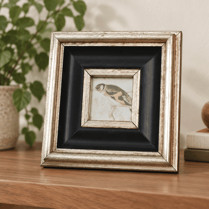 Silver and black wide border photo frame with bird illustration on wood table