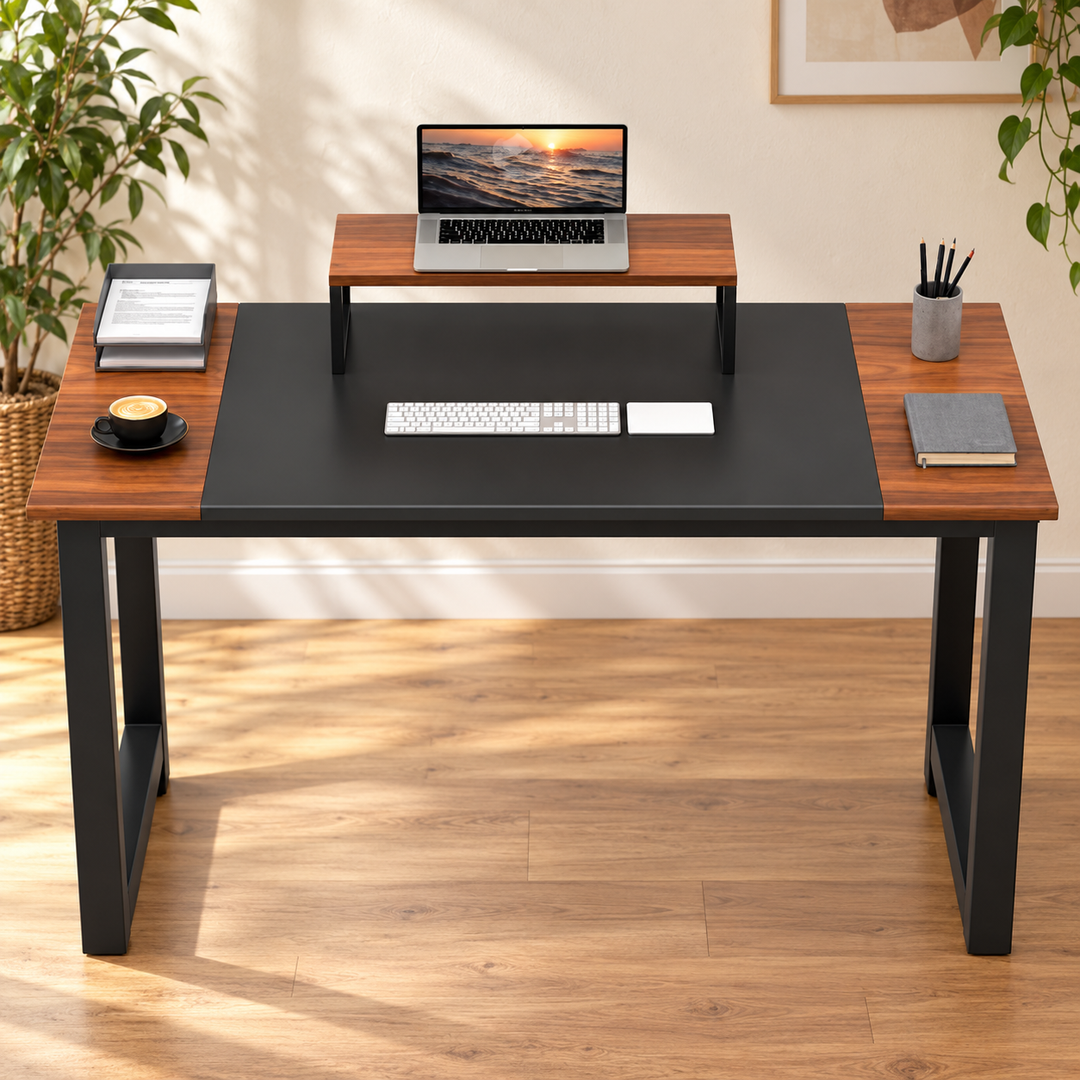Staticola black and wood-tone desk with raised monitor shelf in a sunlit home office